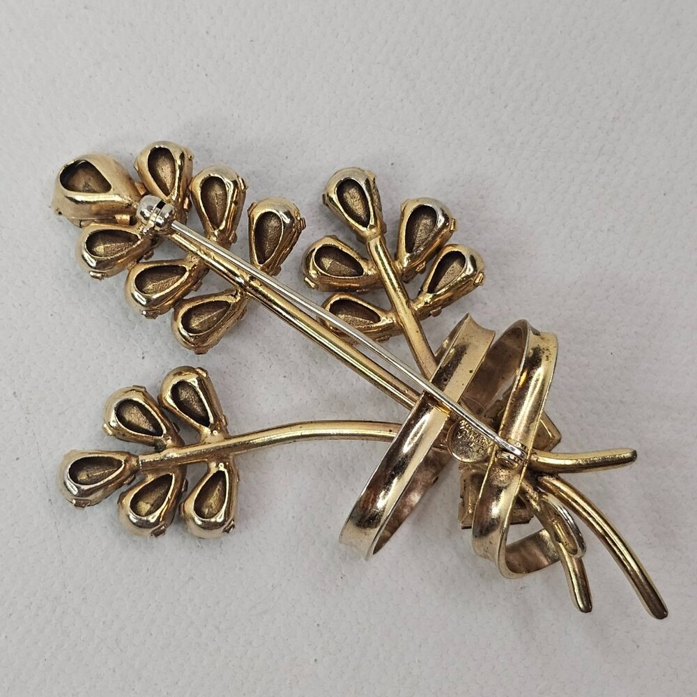 Phyllis Gold Tone Flower Brooch Blue Clear Rhinestone Open Back Bouquet Pin - Picture 2 of 8
